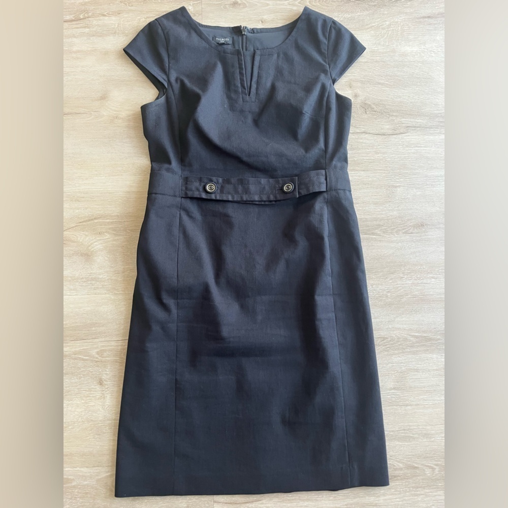 Talbot's Black Linen Blend Cap Sleeve Belted Dress Knee Length SZ 8P